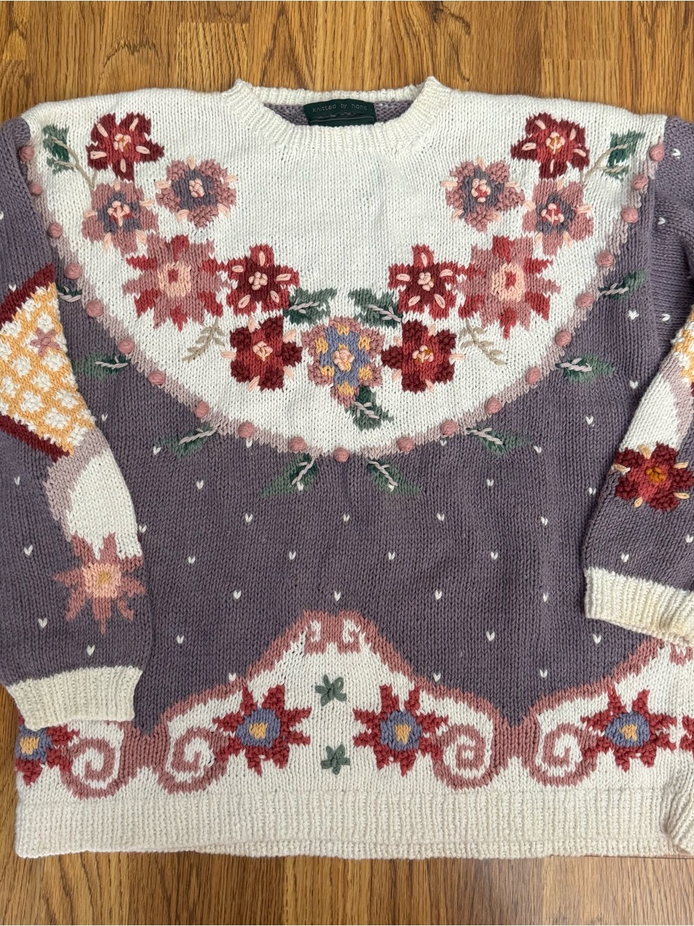 Vintage Cullinane Handknit Sweater Womens Large Chunky Floral 90s Cottage Granny